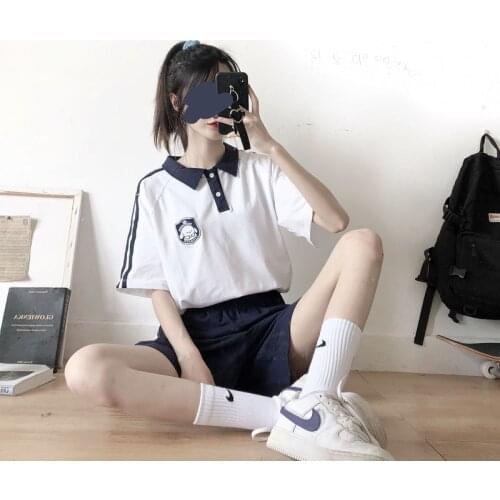 POLO shirt suit female college style loose sports short-sleeved T-shirt + shorts two-piece summer hip hop kawaii girl streetwear