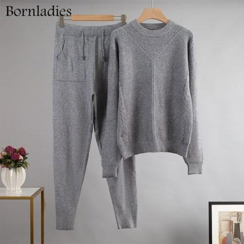 Bornladies Autumn Oversized Two Piece Women Knitted Tracksuits Winter O Neck Sweater and Harem Pants 2 Piece Warm Set Outfits