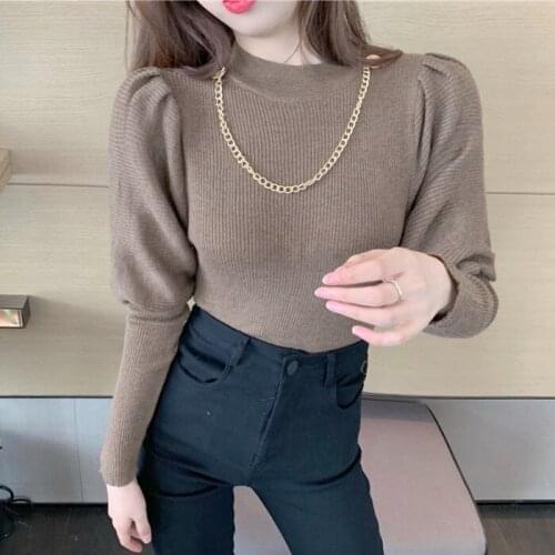 Solid Color Chain Puff Sleeve Knitted Half Turtleneck Top Women Slim Long Sleeved Bottoming Sweater