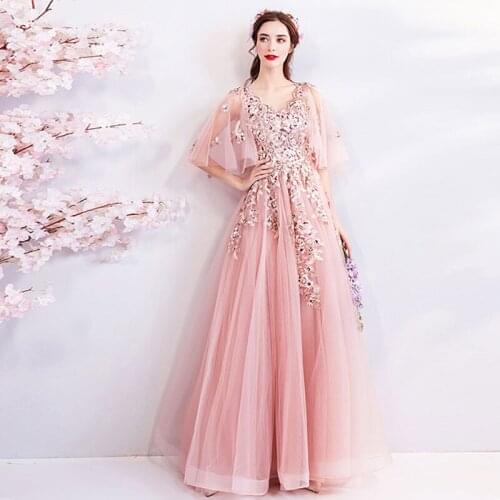 Evening Dresses Illusion A-Line V-Neck Short Crystal Pearls Tulle Lace Up Embroidery Luxury Pink Elegant Women Formal Gown TS003