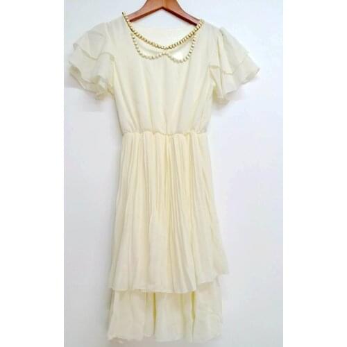 Summer new women solid color short petal sleeve shell buckle decorative hollow collar chiffon dress Layered dress