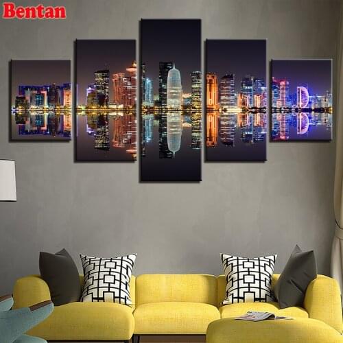 3d picture of rhinestone Diamond Painting 5 Panel City Nightscape diamond Embroidery Cross Stitch Diamond Mosaic home decor