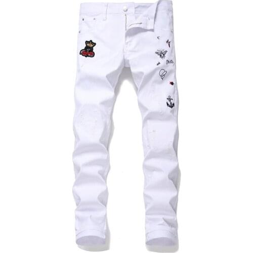 Bullet-free Hole White Sticker Embroidered Bee Nightclub Small Straight Fashionable Mens Casual Pants Pantalon Homme Jean