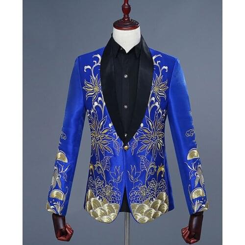 Free shipping mens royal blue/red/white golden embroidery tuxedo jacket/stage performance/studio/flower&wave jaceket