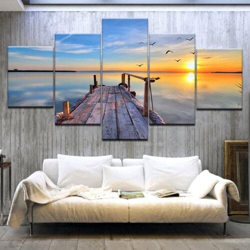 Bridge under Sunrise Large Modern 5 Panels Landscape wall posters Canvas Art Painting For home living room decoration