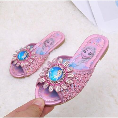 Disney Kids Slippers For Girls Frozen Elsa Sandals Baby Slippers Flat Princess House Flip Flop Children Non-slip Shoes