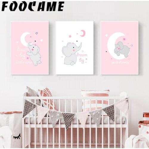 FOOCAME Pink Girl Room Elephant Moon Cartoon Nordic Poster Baby Nursery Sweet Decoration Pictures Wall Art Print Canvas Painting
