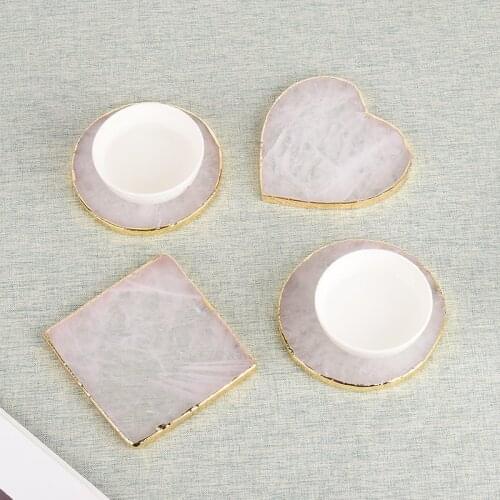 Gems Craft Mat Rock Quartz Heart Shape slice Natural Stone Electroplated gold Edge Crystal Coaster Cup Beverage Holder Pad decor