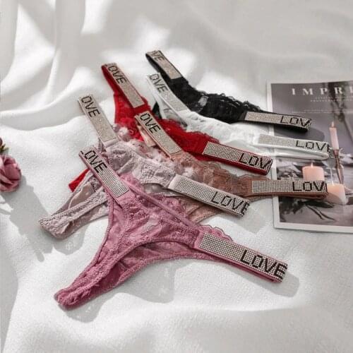 Lace Sexy G String Women Panties Seamless Underwear Rhinestone Letter Transparent Thongs For Female Low Rise Ladies Briefs