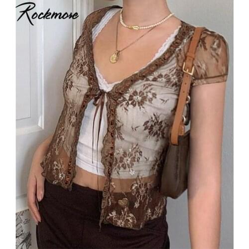 Rockmore Brown Mesh Transparent Tshirt Women Lace Up Cardigan Tops Y2K Short Sleeve Tees Shirts Streetwear Summer Sexy T-shirt