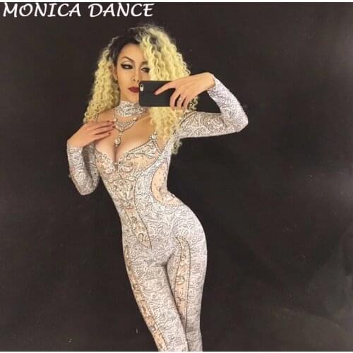 Silver 3D Printing Sexy Stage Sparkling Crystals Jumpsuit Bling Bodysuit Nightclub Birthday Party Performance Stage Wear Costume