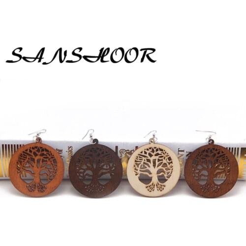 SANSHOOR Tree of Life Sustainable Wooden Earrings Wood Dangle Hook Earrings Fit Handmade Paiting For Women 4Pairs/lot