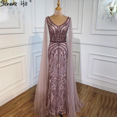 Serene Hill Pink Luxury Mermaid Sexy Designer Evening Gowns 2021 With Cap Sleeves Beading Elegant Dress For women Party BLA70688