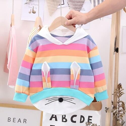 Toddler Cartoon girl sweatshirts Kids Striped Rainbow Hooded Sweatshirt Baby Girls Coat Tops cute baby hoody clothes