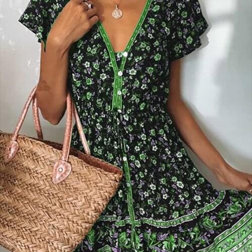 V-neck Vintage Dresses for 2021 Spring Summer Women Floral PrintShort Sleeve Black Party casual Plus Size Woman Medium Dress