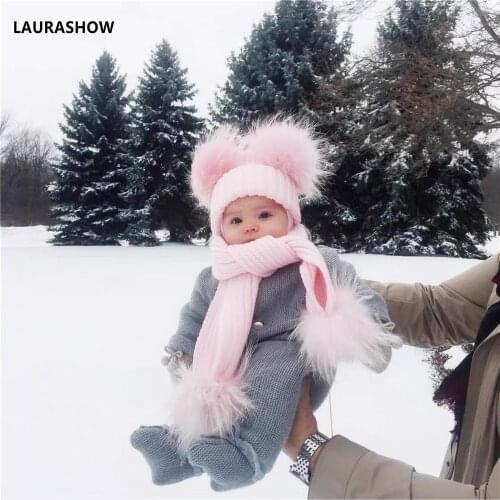 LAURASHOW Real Raccoon Fox Fur Ball Pompoms Hat With Scarf For Kids Knit Baby Winter Cap