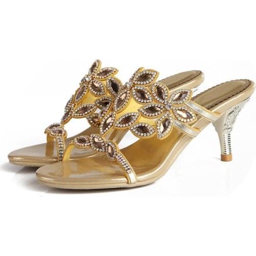 Women 7.5 cm High Heel Stilettos Slippers Summer New Sandals Hollow Rhinestones Flowers Decorative Large Size Slippers