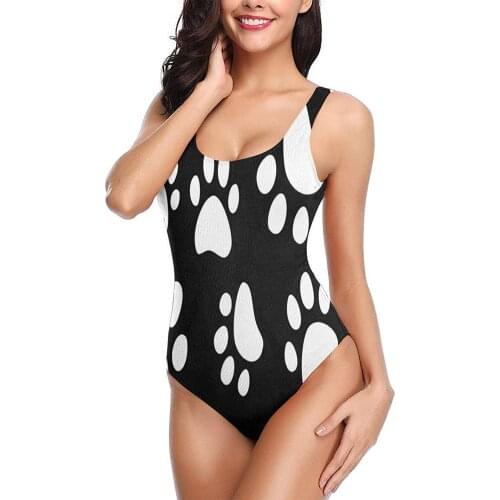 Womens One-Piece Swimsuit 2021 Sexy Padded Sporty Swimsuits Teen Girls Black White Dog Cat Paw Footprints