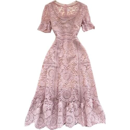 2021 New Summer Fashion Vestidos Female Temperament Round Neck Puff Sleeve Slim Sweet Lace Midi Dress DK771