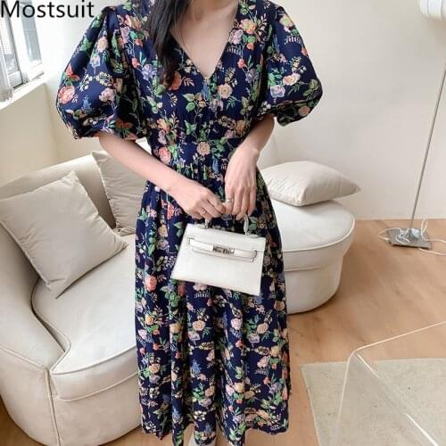 Korean Floral Printed Chiffon Dress Women Puff Sleeve V-neck Long Dresses Elegant Vintage Sweet Ladies Vestidos Femme 2021
