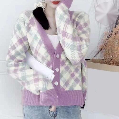 Winter Women Knitted Sweaters V-Neck Short Style Argyle Cardigan Tops Ladies Casual Korean Single Breasted Sueter Mujer Female