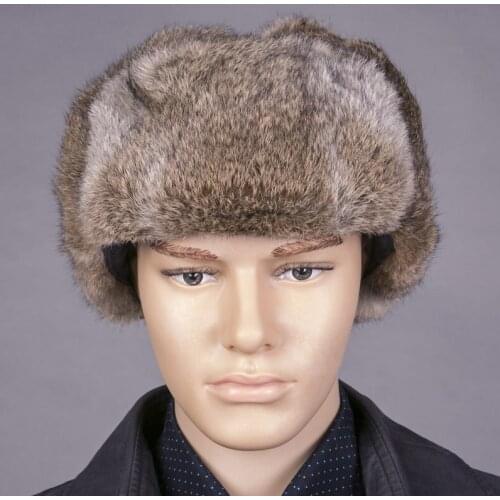 Winter Real Rabbit Fur Bomber Hat Handmade Men Outdoor Super Warm 100% Natural Full Pelt Fur Russian Cap R2