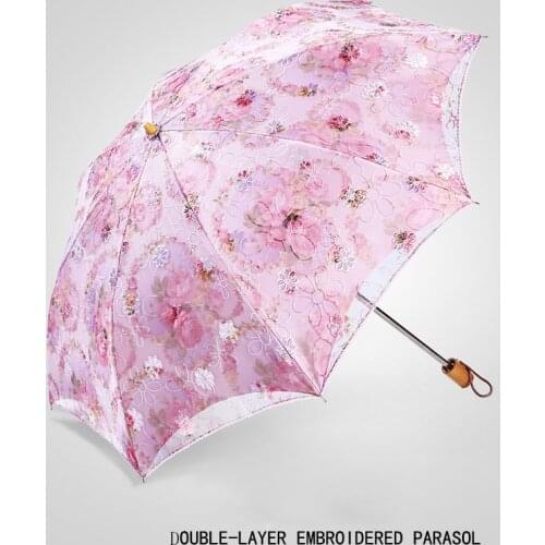Umbrella Rain Women Lace Embroidered Sun Umbrella Windproof Sunscreen Large 3 Folding Big Non-Automatic Umbrella Outdoor