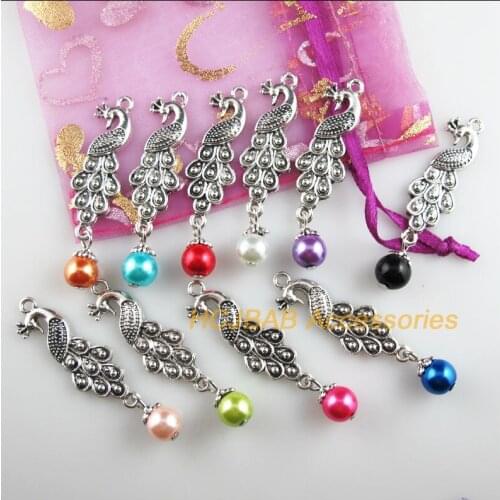 10 New Animal Peacock Charms Mixed Glass Beads Pendants Tibetan Silver 12.5x50mm