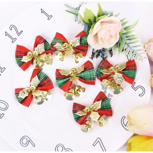 6pcs Mini Christmas Tree Bows 4cm Polyester Ribbon Bows Ornaments for Christmas Tree Hanging Bells Decoration