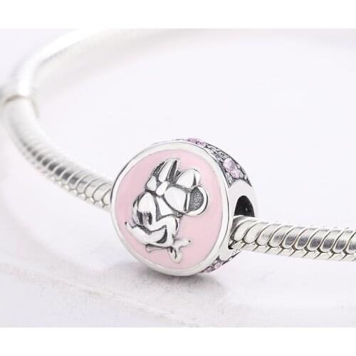 925 Sterling Silver Pink Enamel Mouse Charms Beads For Original Snake Bracelets Cartoon Animal Charms Silver Letter Beads