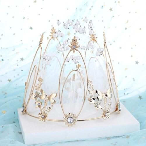 Fairy Princess Crown with Mesh Round Headwear with String Beads Queen Cake Decoration Costume Hair Accessory for Women In Stock