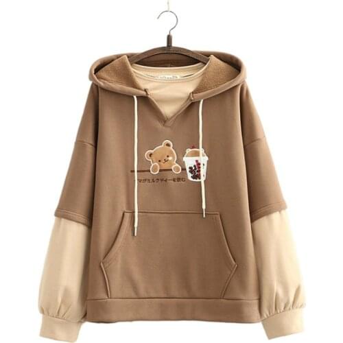 Fleece Harajuku Cartoon Bear Embroidery Casual Hoodies Sweatshirt Women 2020 Winter Long Sleeve Patchwork Korean Style Pullover