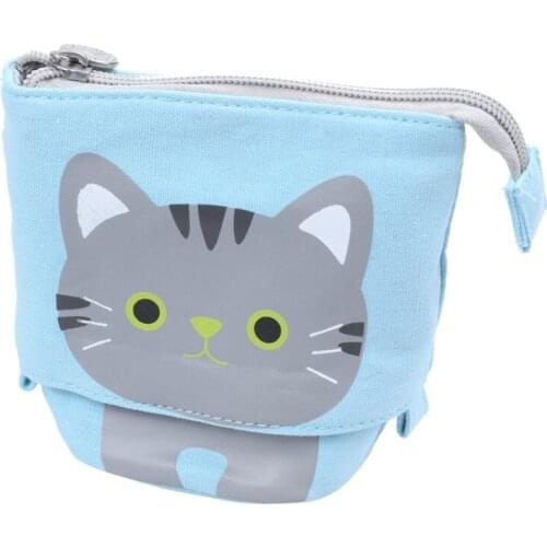 Canvas Cartoon Cute Cat Telescopic Pencil Pouch Bag Stationery Pen Case Box with Zipper Closure -blue