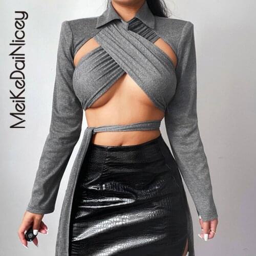 MeiKeDaiNicey 2021 Autumn Bandage Cropped T-shirt Sexy Short Wrap T-Shirt Femme Long Sleeve Crop Top Fashion Winter Tshirt Woman