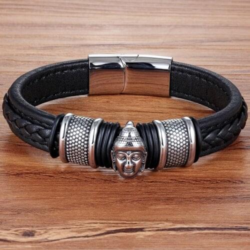 TYO 2019 Genuine Leather Bracelet & Bangle Buddha Head Accessories With Stainless Steel for Blessing Men Bracelet Lucky Jewelry