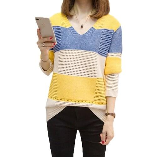 Autumn Winter Sweater Women Pullovers Hollow out Sweaters New Loose Knitted Sweater Female V-neck Plus Size Knit Sweater R352