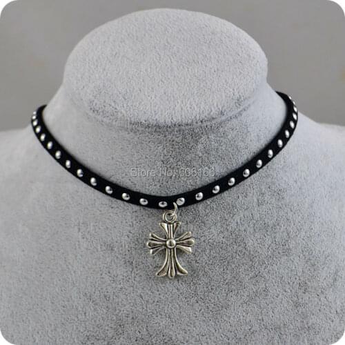 Rock Punk Velvet Suede Choker Necklace Silver Cross pendant necklace Women Fashion Jewelry