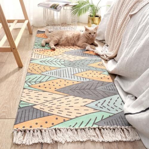 Bohemian Hand Tassel Woven Cotton Linen Carpet Retro Bedside Geometric Floor Mat Long Rug Bedspread Tapestry Home Decoration