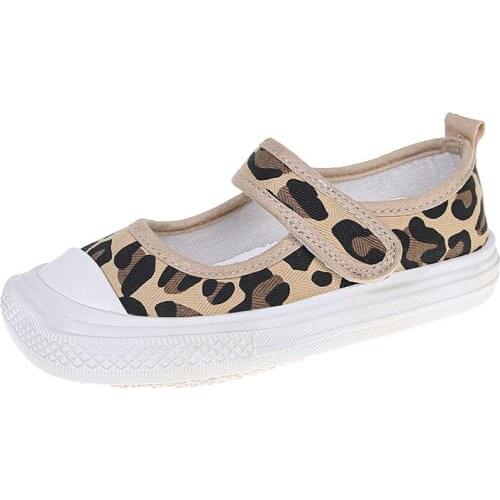 Childrens Canvas Shoes Breathable Flat Bottom White Shoes Leopard Print Shallow Mouth Casual Flats Fashion Student Spot Cute