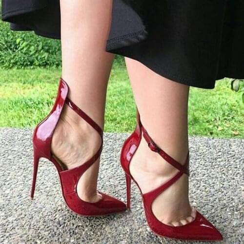 Moraima Snc Wine Red Patent Leather High Heel Shoes Woman Pointed Toe Stiletto Pumps Sexy Ankle Strap Party Dress Heels
