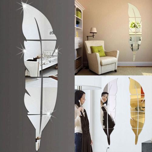 Mirror Efffect Feather Wall Sticker 18x73cm Decorative Mirror Wall Mural Living Room Home Decor Acrylic Ladies Dressing Mirror