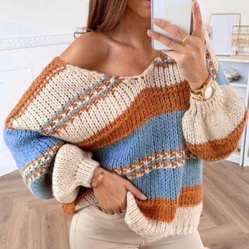 Woman Striped Sweater Loose Sexy V-Neck Loose Female Knitted Pullover Casual Autumn Long Sleeve Clothes Oversize S-3XL