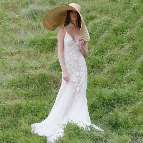 Sexy V-Neck Appliques Lace Beads Backless Tulle A-Line Wedding Dress 2021 Vestido De Noiva Bridal Gown