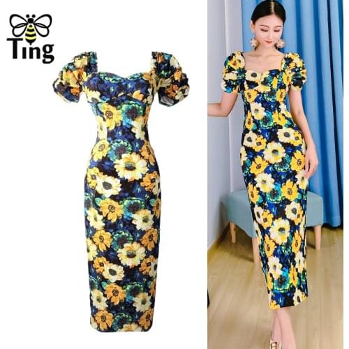 Tingfly Summer Designer Painting Flower Print Vintage Lady Dress Retro Square Neck Street Fashion Midi Sexy Dress Frocks Women
