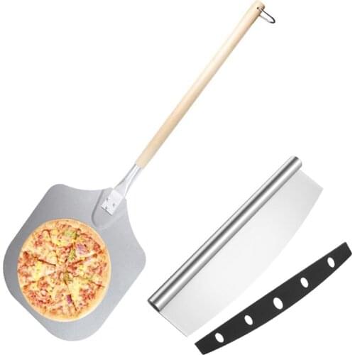 1 Pack Aluminum Material Pizza Paddle with Wooden Handle Rocker Cutter Gourmet Spatula and Cutter Set for Homemade Pizza