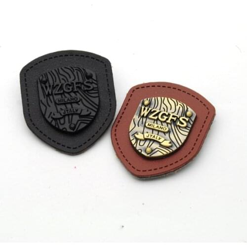 20pcs/lot black/brown PU felt leather sew on patches with black/bronze metal plates clothing label for jeans/jacket PLB-009