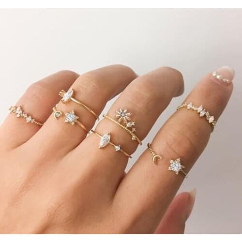 9pcs/set Star Crescent Metal Geometry Crystal Ring Set Creative Vintage Open Simple Punk Joint Ring for Women Gothic Jewelry