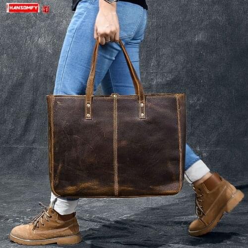 Large Capacity Mens Handbag Horizontal Section Tote Bag European and American Retro Handmade Crazy Horse Leather Vintage Soft