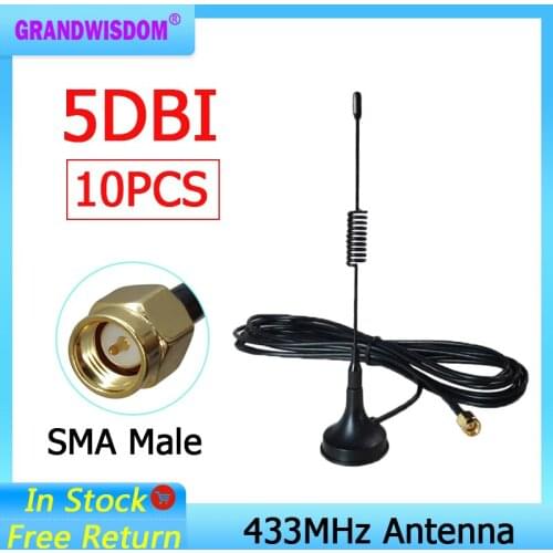10pcs 5dbi 433Mhz Antenna 433 MHz antena GSM SMA Male Connector with Magnetic base for Radio Signal Booster Wireless Repeater