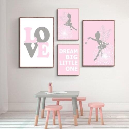 Kawaii Cartoon Pink Pairy Wall Art Canvas Nursery Dream Big Love Poster Print Painting Nordic Baby Girl for Living Room Decor